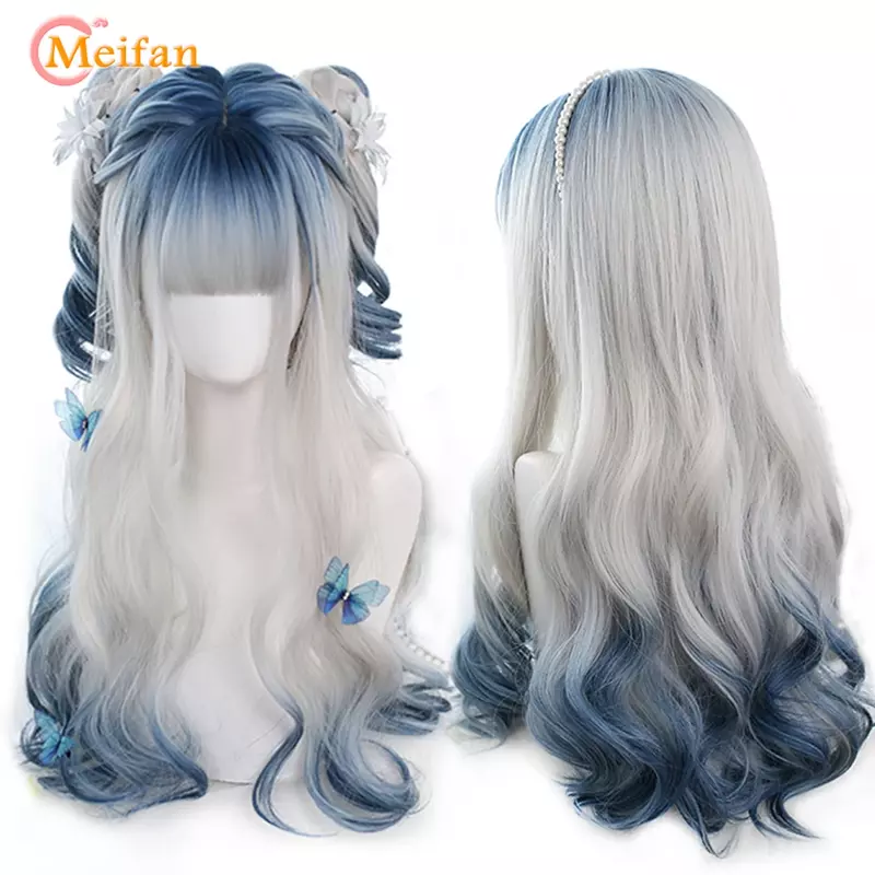 Long Ombre Colorful Synthetic Cosplay Lolita Harajuku Wig With Bangs Natural Wavy Wigs Pink Purple Blue Daily Wigs