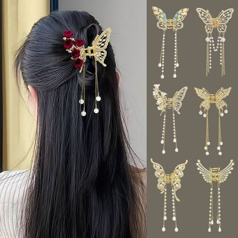 Pinzas para el pelo con lazo de 2 piezas, accesorios para el cabello con colgante de mariposa y borla, para cola de caballo, 2024