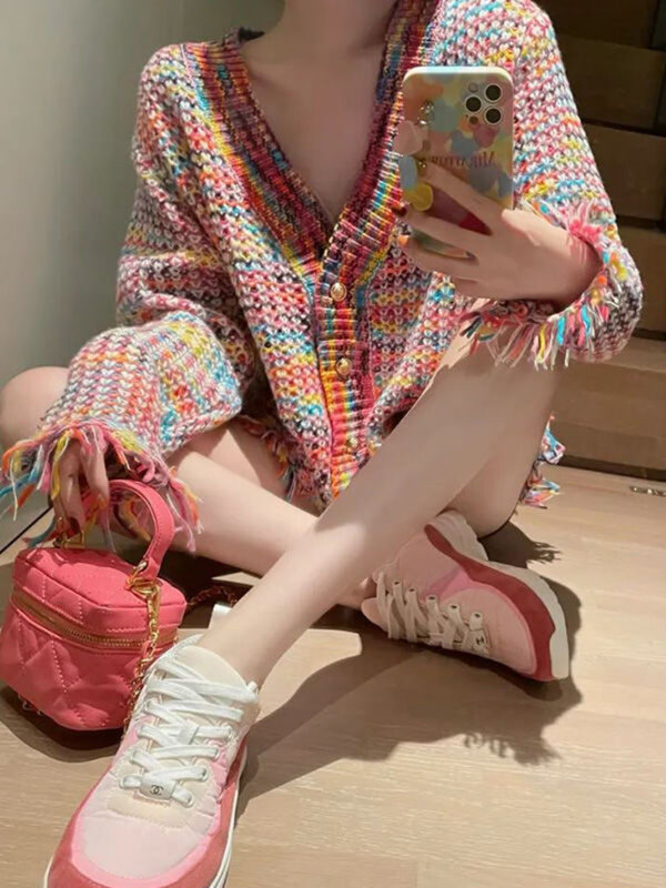 2024 New Autumn Rainbow Color Knitted Sweater Women Fashion Tassel Decoration Cardigan Vintage Single-Breasted Causal Tops