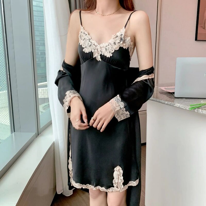 2024 New Top Sexy Summer Two-piece Pajama Dress Women's Seductive Large Hot Silk Waistband and Chest Pad Pajama Sets