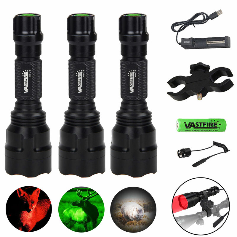 Powerful Red C8 Flashlight Tactical Green/Red/White Torch 1-Mode Predator Handheld Torch+Clip+Tail Switch+18650+Charger Set