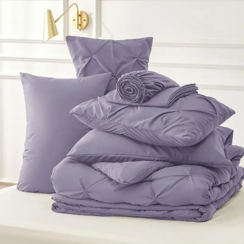 ชุดผ้าคลุมเตียงสีม่วงอมเทา-ชุดเตียงคิงไซส์ Cal 7ชิ้นชุดที่นอนคิงไซส์พร้อมผ้าคลุมเตียงผ้าปูที่นอนปลอกหมอน