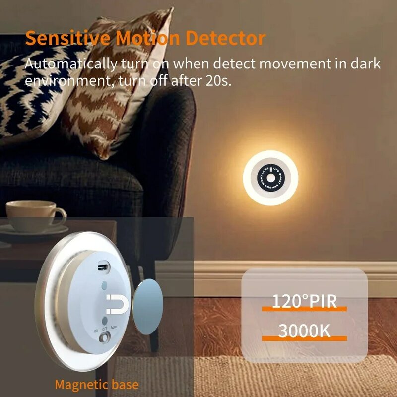 Lampu malam pintar LED, PIR Sensor gerak lampu lemari pakaian pengisian USB nirkabel lampu magnetik untuk kamar tidur lemari tangga