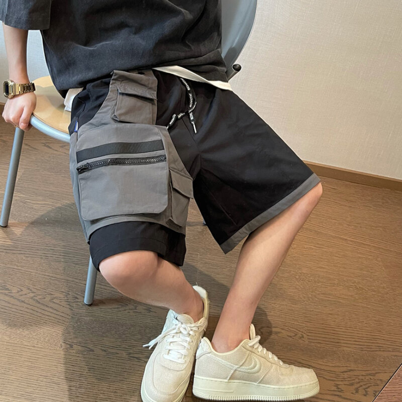 Шорты-карго мужские с кулиской, Модные дышащие мешковатые штаны контрастных цветов в японском стиле, уютная и индивидуальная шикарная уличная одежда для отдыха, на лето
