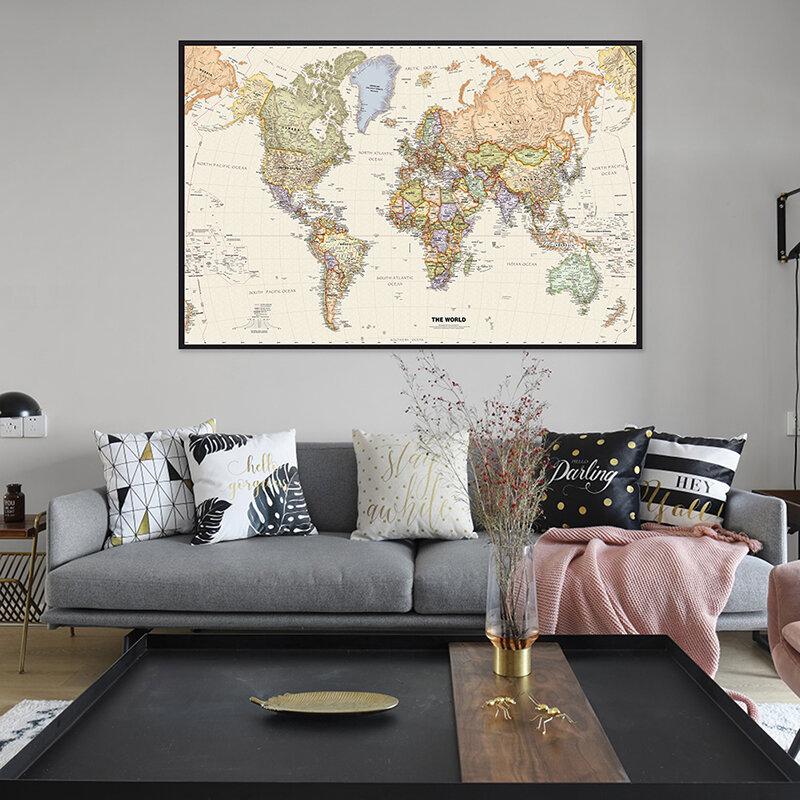 세계 지도 빈티지 포스터 부직포 그림 벽 프레임 인쇄 장식, 학교 공부방 용품, 120x80cm