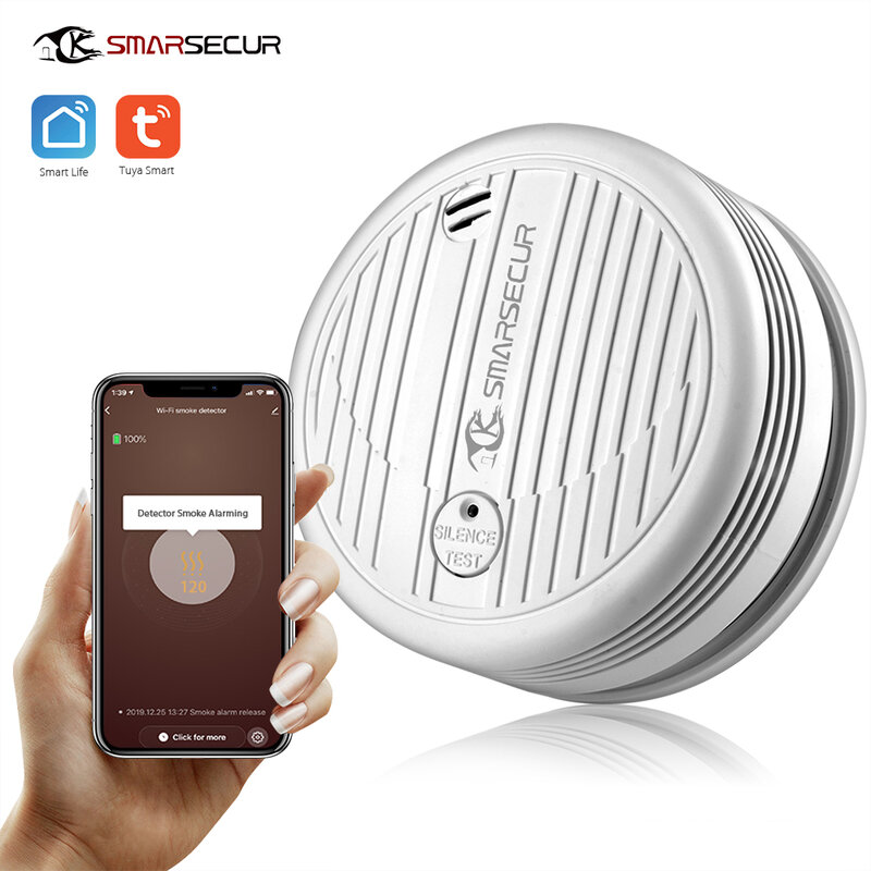 Smarsecur wifi detector de fumaça sensor de fumaça altamente sensível para a vida inteligente app controle de energia por tuya