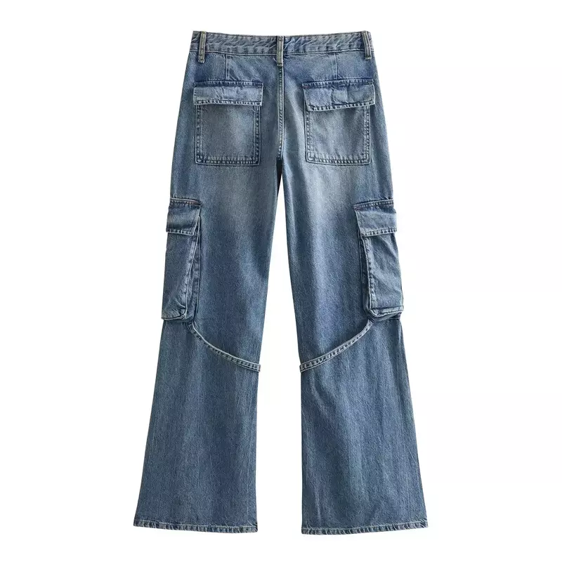 Frauen neue Mode Riemen Tasche Dekoration lose lässige Cargo Jeans Vintage mittlere Taille Reiß verschluss weibliche Jeans hose