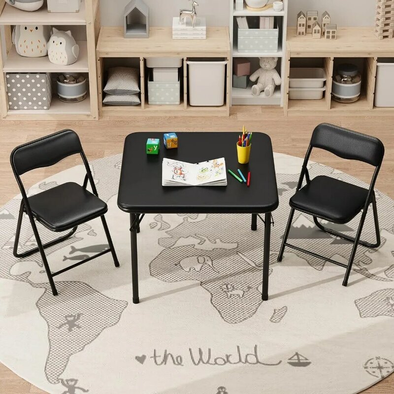 Juego de mesa y sillas plegables para niños, mesa y silla portátil con cojín suave, adecuado para comer, leer y jugar, negro