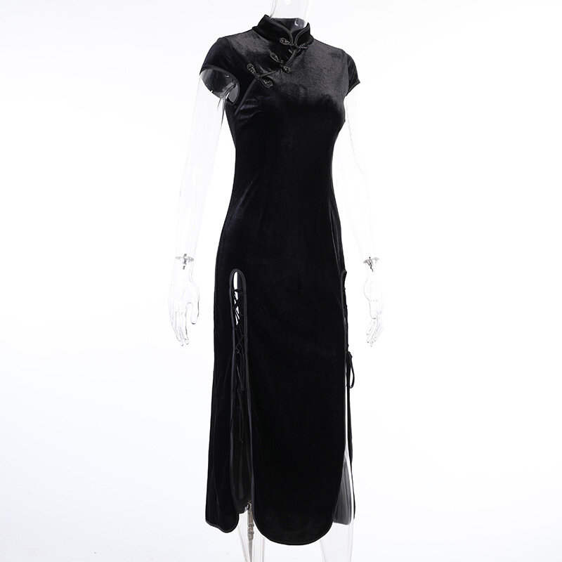 2024 Vintage Black Bandage Chinese Style Cheongsam High Split Velvet Dress Spring Retro Long Qipao Gothic Women Aesthetic Dress