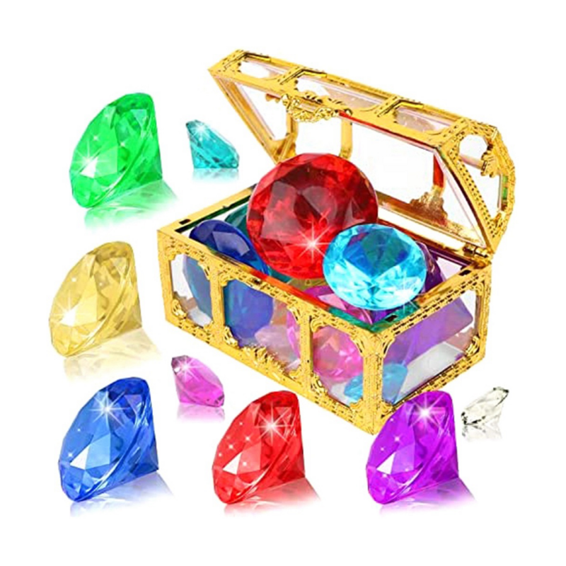 Juguetes de piscina de gemas de buceo, Gema de diamante colorida con caja de pecho de pirata del Tesoro, juego de piedras preciosas Subacuáticas de verano