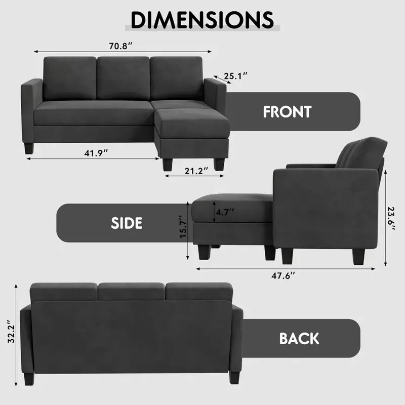 Convertible Sectional 3 L-Shaped Couch Soft Seat with Modern Linen Fabric, Space-Saving Sofas for Living Room, Apartment, 70''