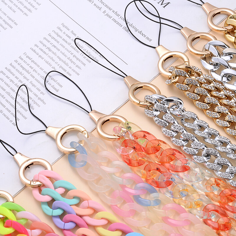 Cordão de corrente de telefone colorido correia de chaveiro de telefone móvel anti-perdido cordão de cordão de acrílico artesanal para acessórios de jóias femininas