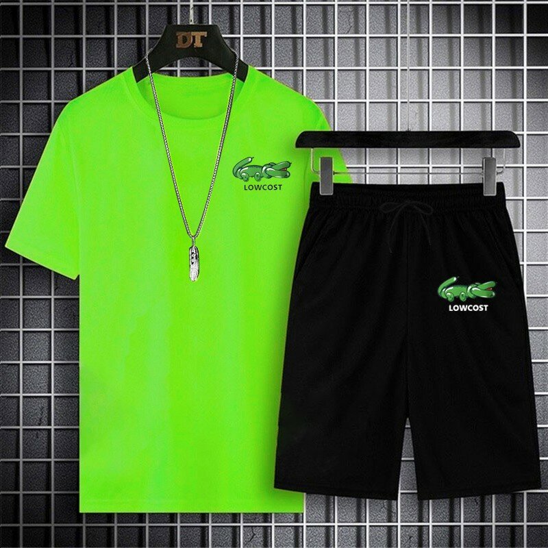 メンズカジュアル2ピースサマートラックスーツセット,半袖Tシャツとショーツ,フィットネススポーツウェア