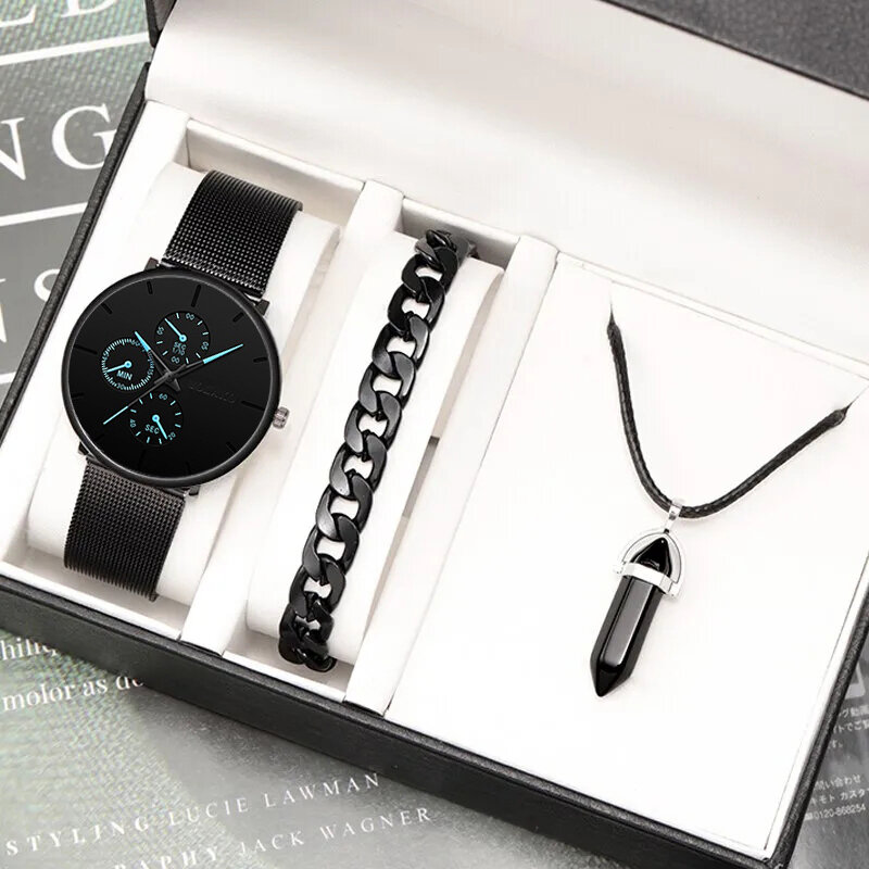 3 Stück Set Mode Herren Business Uhren für Männer schwarz Armband Halskette Luxus ultra dünne Edelstahl Mesh Gürtel Quarzuhr