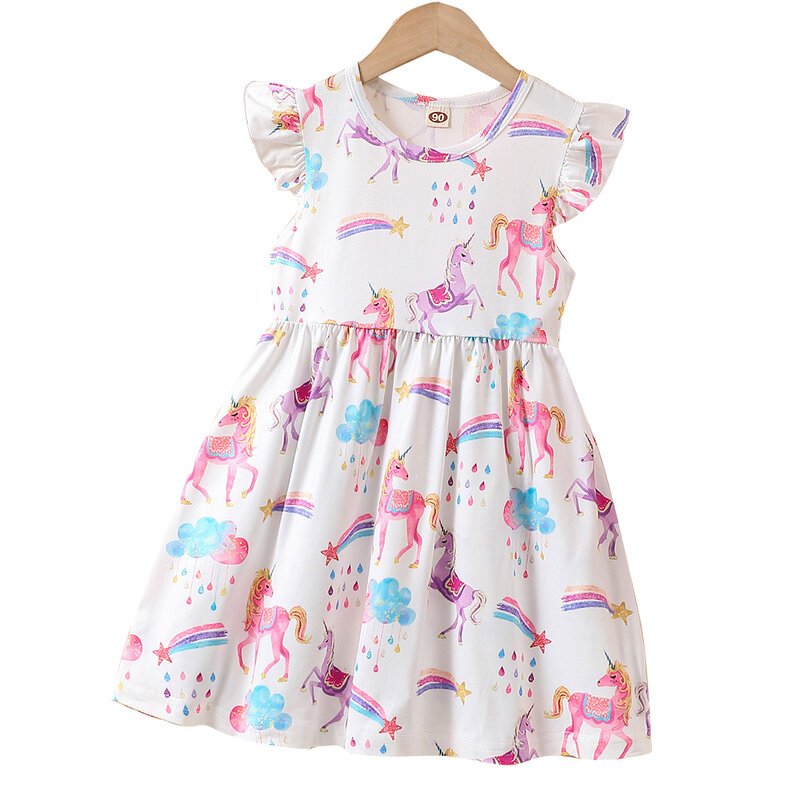 Summer Cute Girl Dresses Cartoon Unicorn Pattern Flying Sleeve Kids Girls Party Dresses 2 To 8 Years Kids Casual Clothes