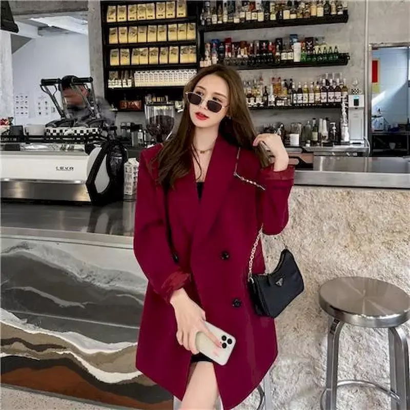 Jas blazer lengan panjang wanita, jaket atasan kantor desainer mewah modis Korea warna hitam