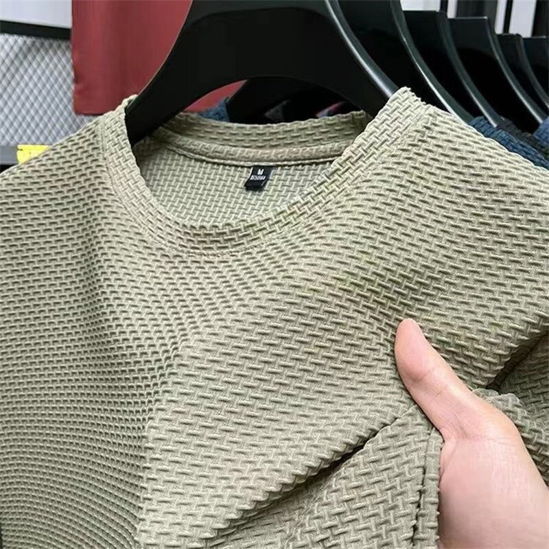 Camiseta de seda gelo de malha manga curta masculina, blusa com gola redonda, meia manga, cor sólida, nova, verão, 2023