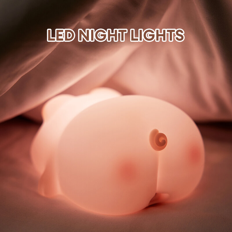 LED Night Lights Cute Pink Piggy Silicone Lamp USB Rechargeable Timing Bedside Decor Night Lamp Indoor Atmosphere Pat Lamp