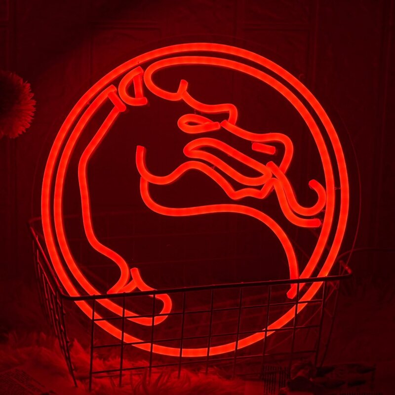 Letrero de neón con logotipo de juego rojo para Gamer, señal de juego de lucha regulable, arte de pared para sala de juegos, decoración de Mortal Kombat