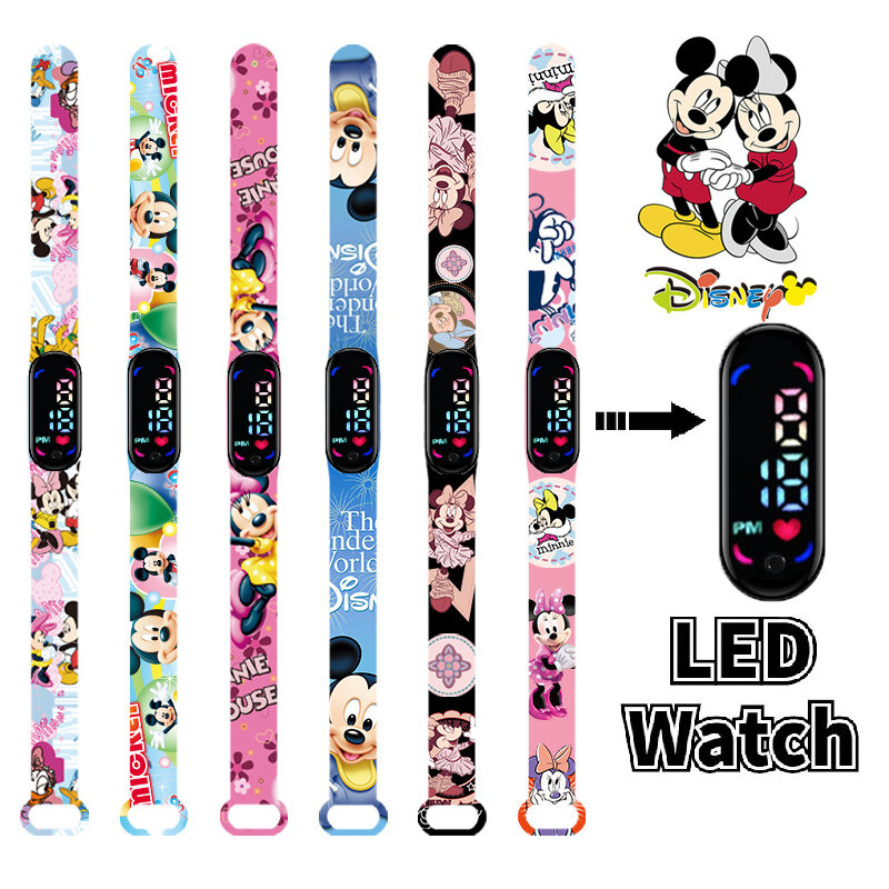 Disney mickey relógio das crianças dos desenhos animados mouse personagem pato donald daisy led esportes eletrônicos à prova dwaterproof água pulseira crianças relógios
