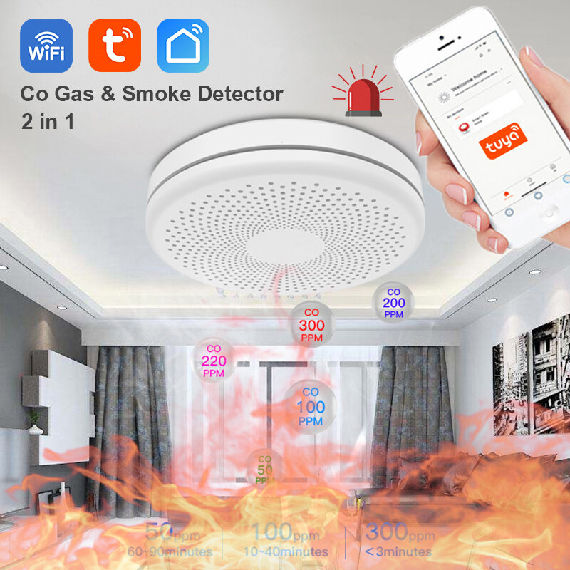 Fungsi WiFi Ultra Tipis Tuya Smart Life Family Kitchen 2 In 1 Co Gas & Detektor Asap Sensor Alarm Suara Karbon Monoksida