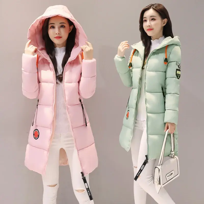 여성용 따뜻한 중간 길이 바람막이 후드 파카, 프린트 코튼 코트, 한국 패션 오버코트, 캐주얼 스노우 카사코 퍼퍼 재킷, 겨울