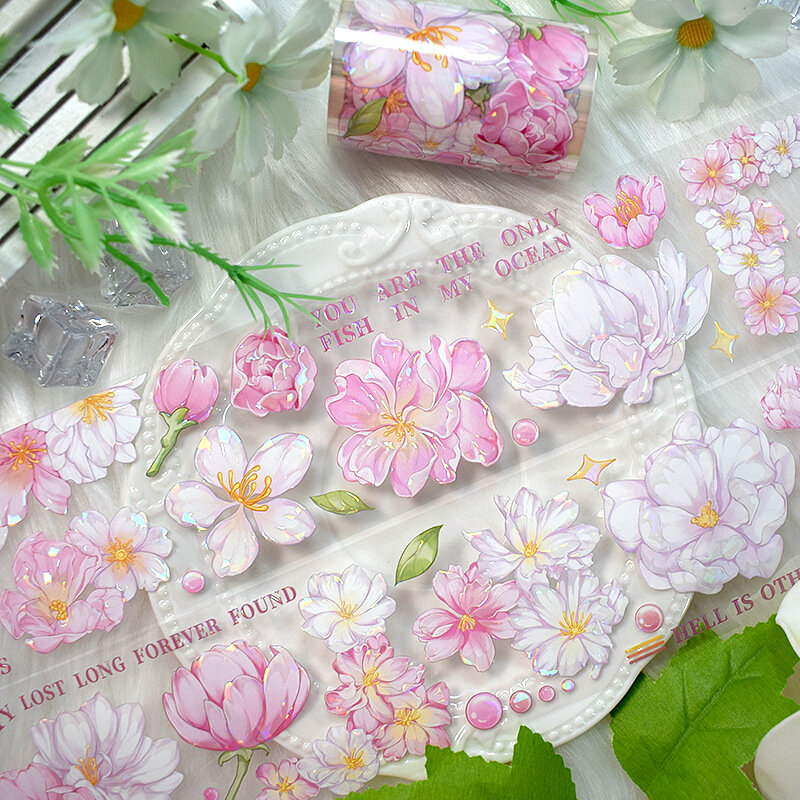 2M Flower Washi PET Tape Girls Scrapbooking Materials Vintage People Stickers Roll Pet Masking Tape Plant DIY Diary Decoration
