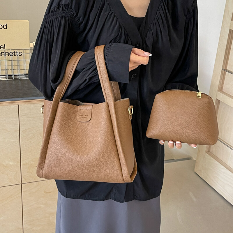 Bolso de mano de cuero suave para mujer, bolsa de cubo de marca, color negro y marrón, diseño Simple, alta calidad, 2 juegos