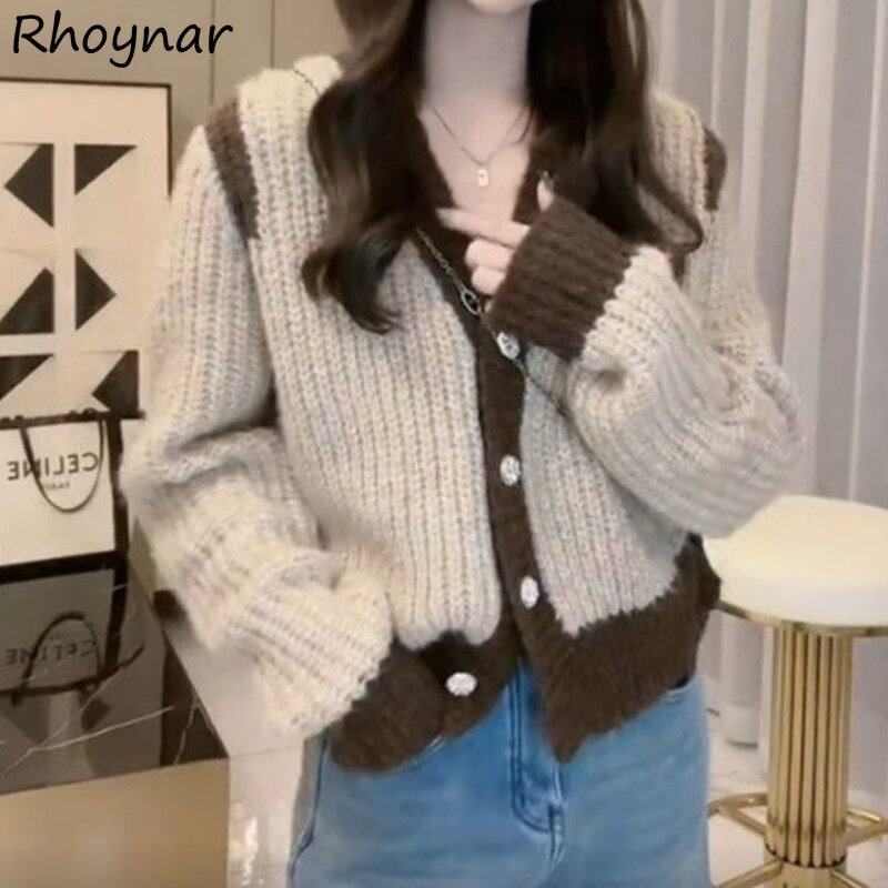 Panelled Cardigans Women Vintage Knitted V-neck Fashion Soft Comfortable Korean Style Casual Literary Female Simple All-match