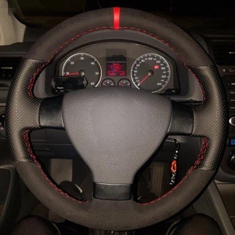 DIY czarne prawdziwa skóry zamszowe osłona na kierownicę do samochodu dla Volkswagen Golf 5 Mk5 VW Passat B6 Jetta 5 Mk5 Tiguan 2007-2011