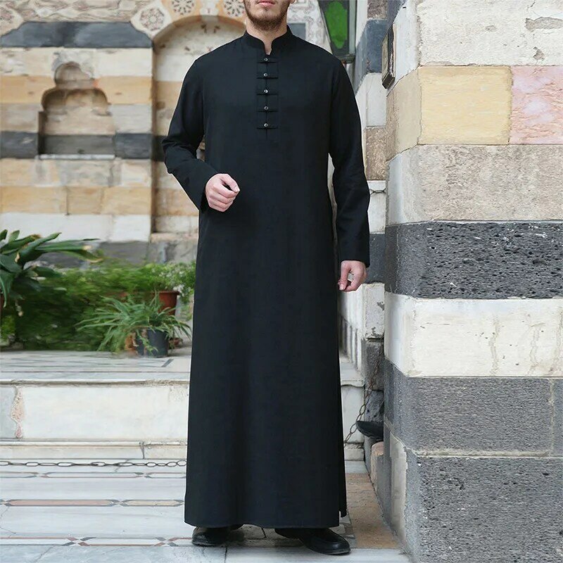 Gaun Arab Timur Tengah padat baru 2024 gaun lengan panjang barel pintu berdiri leher gaun Muslim pria besar sederhana berkancing