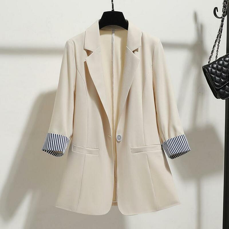 Women One-button Suit Jacket Elegant Mid-length Women's Suit Coat with Turn-down Collar Three Quarter Sleeves Single for Formal