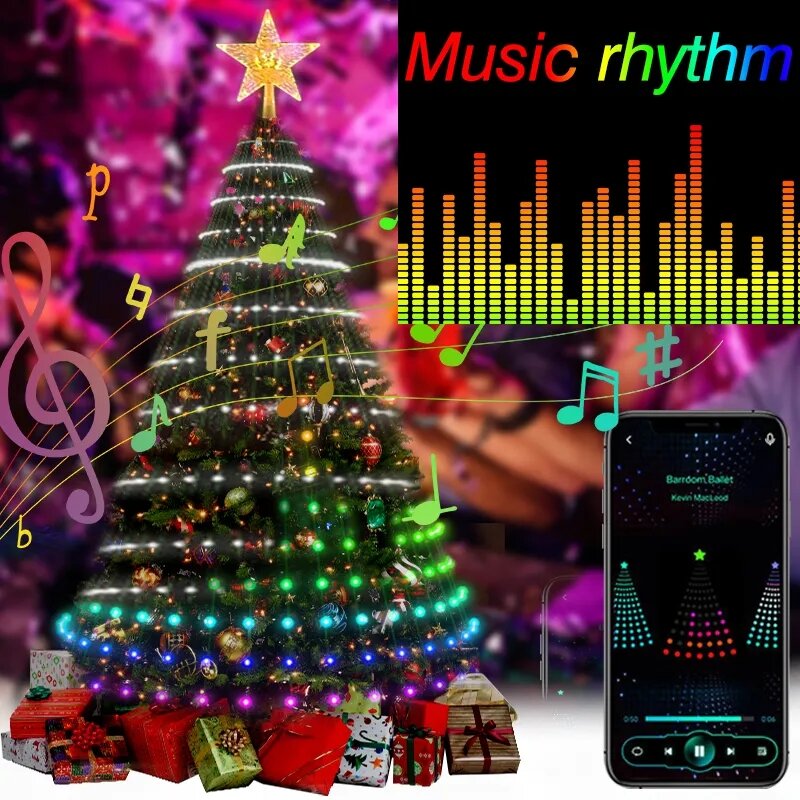 RGB Christmas Tree Toppers Lights Xmas LED Fairy String Lights App Bluetooth Multicolor Waterfall Diy Lamps Home Yard Decor