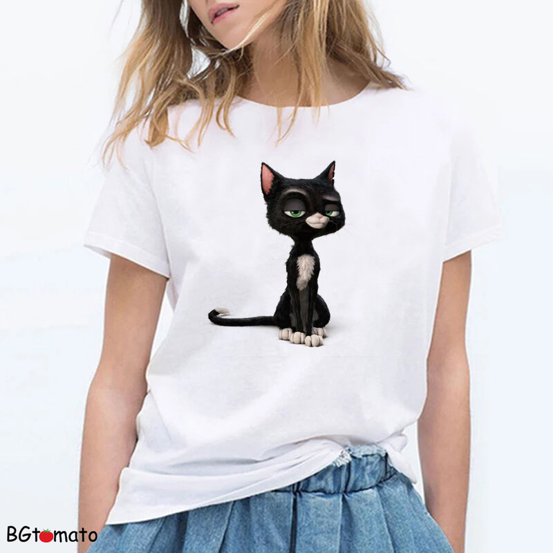 Футболка с принтом милого котенка, красивая женская Милая футболка, дышащий и удобный летний топ с коротким рукавом A096