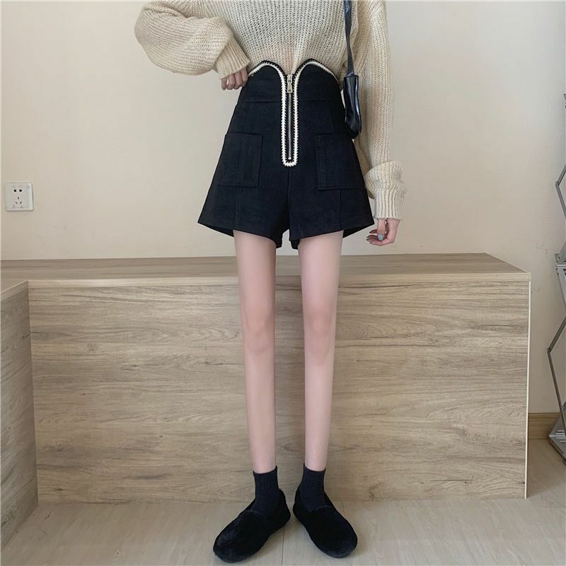 กางเกงขาสั้นมีซิปสำหรับผู้หญิงกางเกงวินเทจเอวสูงสไตล์เกาหลีเหมาะกับฤดูใบไม้ร่วงฤดูหนาว