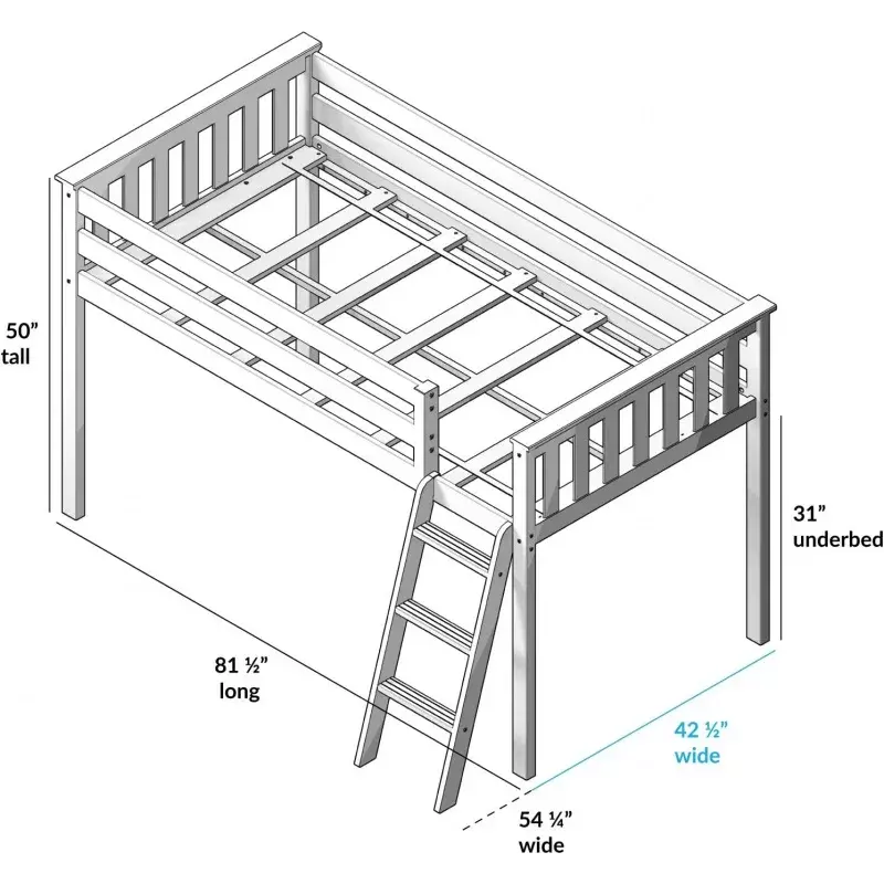 Max & Lily Low Loft Bed, Twin Bed Frame For Kids, White