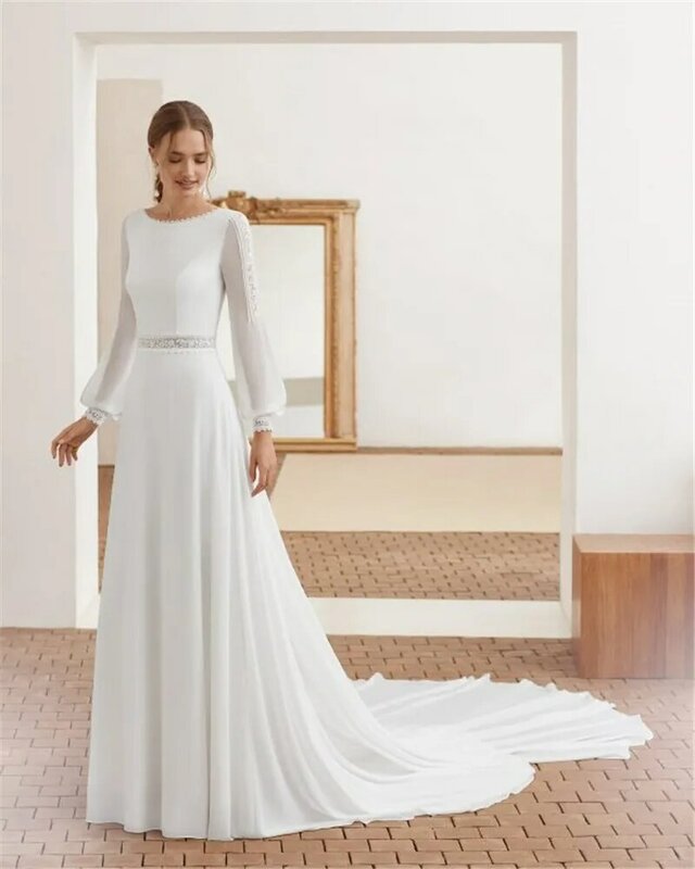 Glamorous O-Neck A-Line Wedding Dress Luxury Long Sleeve Castle Wedding Dress Draped vestido de noiva