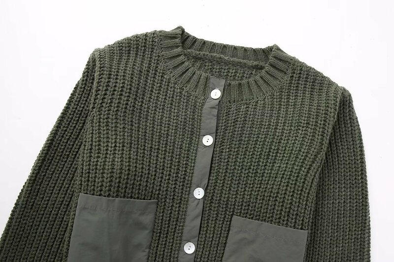 Casaco feminino de malha vintage de manga comprida com botões, decoração de bolso, casacos femininos, tops chiques, nova moda, 2023