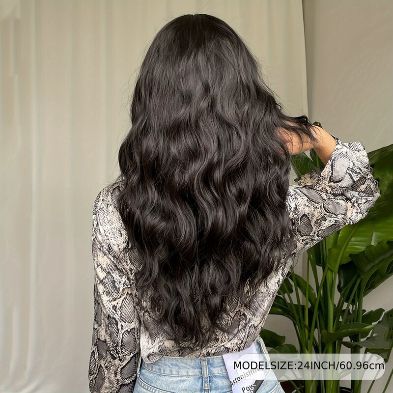 SNQP peluca sintética de onda larga con flequillo para mujer, peluca negra de 24 pulgadas para fiesta de Cosplay diaria, línea de cabello Natural resistente al calor
