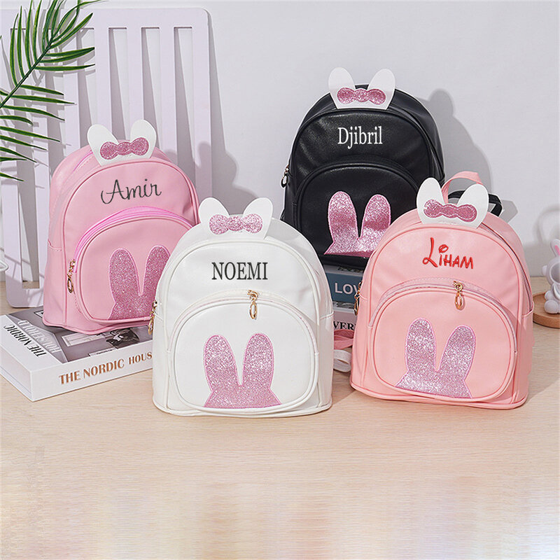 New Cute Rabbit Girl's Backpack Custom Name Soft PU Cartoon Backpack Embroidered Rabbit Ear Princess Kindergarten Snackbags