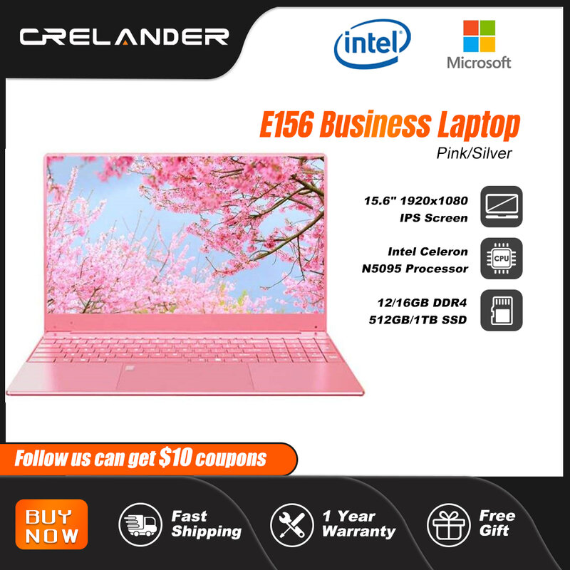 CRELANDER Laptop 15.6 Inci 12GB 16GB RAM Intel Celeron N5095 Windows 11 Keyboard Backlit Buka Kunci dengan Sidik Jari Komputer Notebook