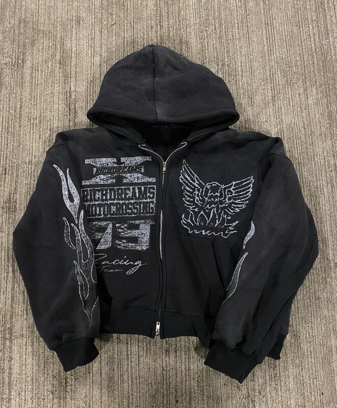 2024 European and American Fashion Casual Oversized Hoodie Men Y2k Retro Anime Print Jacket Gothic Harajuku Zipper Sweatshirt