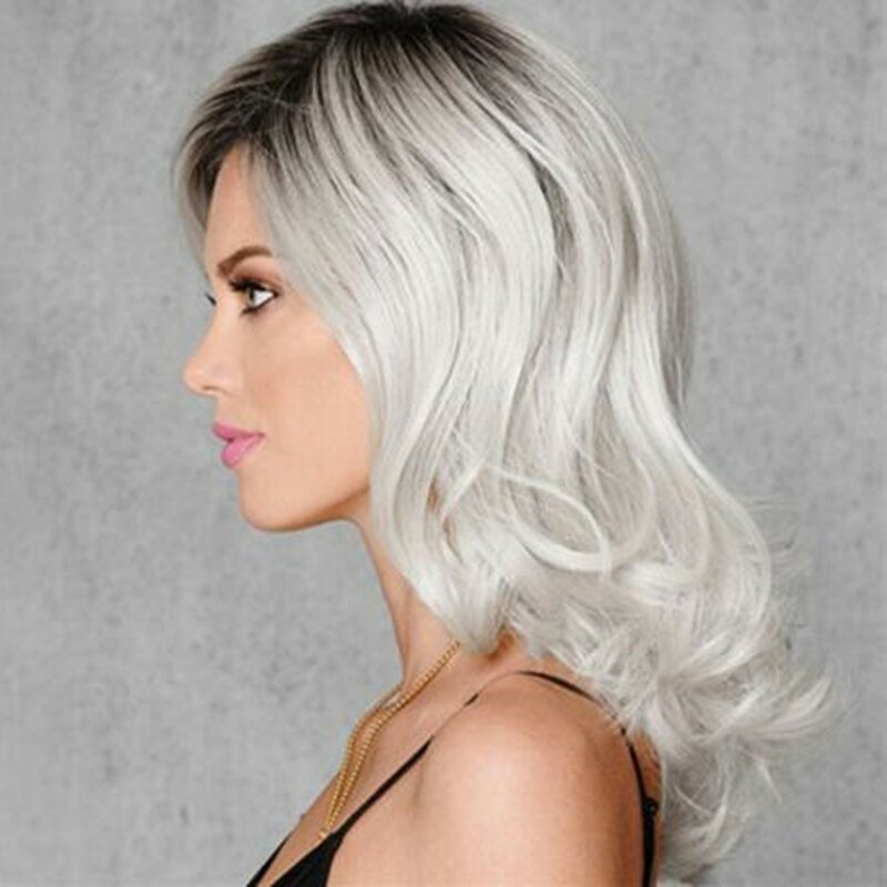 Peluca de cabello sintético para mujer, rizos de longitud media, pelo falso, parte lateral gris, cabeza completa, color blanco, uso diario, fiesta