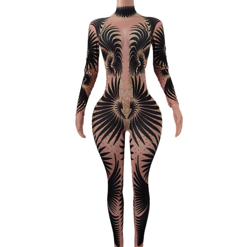 Sparkly Stone Feather Print Jumpsuit Mulheres Sexy Birthday Party Bodysuit Prom Dresses Pole Dancer Performance Costume Feibiao
