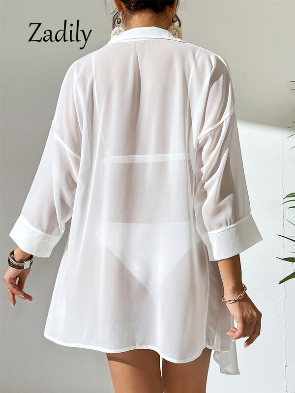 Женская Свободная блузка-рубашка в пляжном стиле, белая прозрачная блузка с рукавом три четверти и пуговицами, Солнцезащитный длинный кардиган, лето 2024