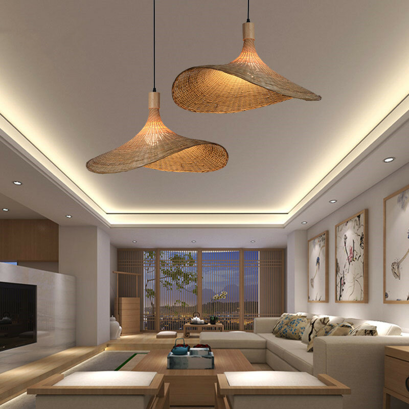 Lampe chinoise rétro en bambou tissée à la main avec chapeau de paille personnalisé, lampe décorative moderne pour restaurant, hôtel, famille, salon, grenier