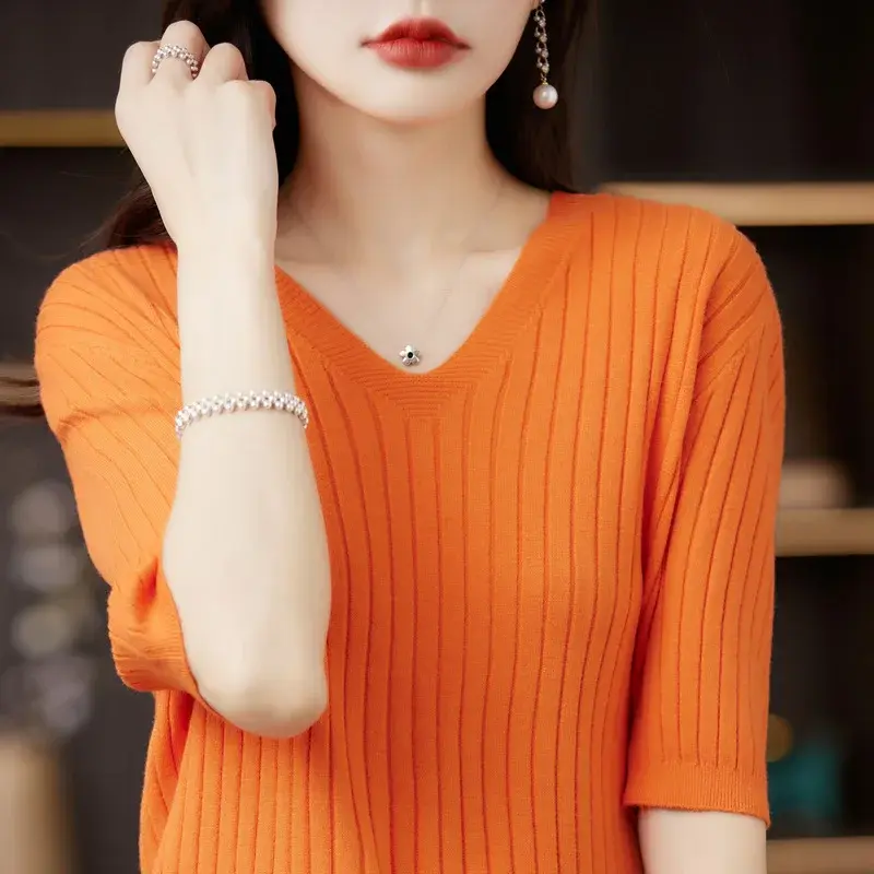 Women Sweater Short Sleeve V-neck Stripe Knitwears Slim Fit Shirt Korean Fashion Pullovers Thin Knit Tops 2023 Bottoming Shirts