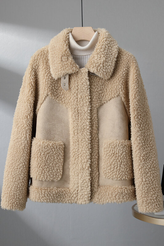 Abrigos de piel de oveja auténtica para mujer, chaquetas holgadas de motocicleta, prendas de vestir exteriores coreanas, moda de invierno, 2023, O552