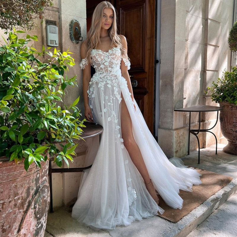 Bohemian Sweetheart Wedding Dress Side Split Floor Length For Women Bridal Gowns 2022 3D Flowers Off The Shouder Robe De Mariee