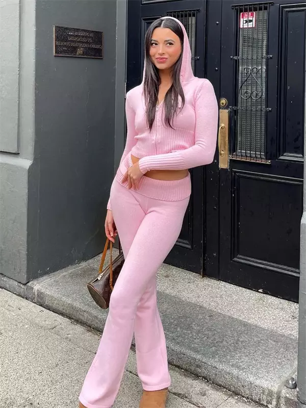 Taruxy Women Spring Outfits Casual Zipper Sweater Hoodie Set High Waist Flare Pants Suits Pink Knitted Womens Y2k Two Piece Set